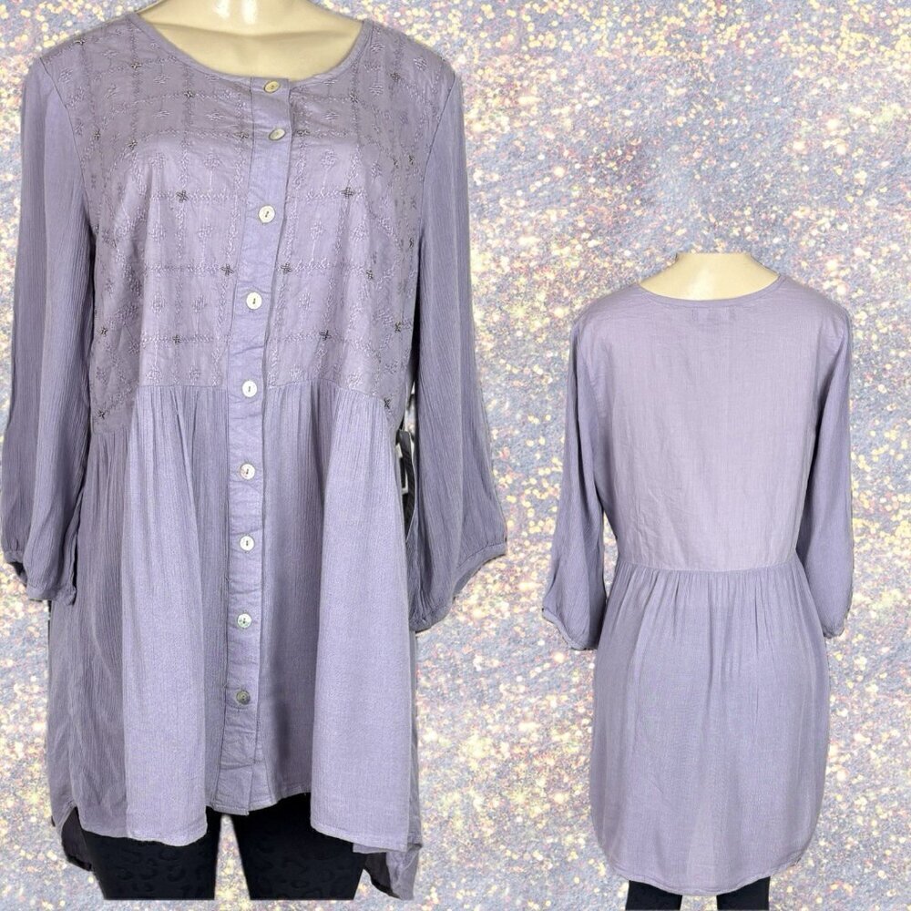 Ellos 12 Purple Button Down Beaded Embroidered Mixed Material 3/4 Sleeve Blouse
